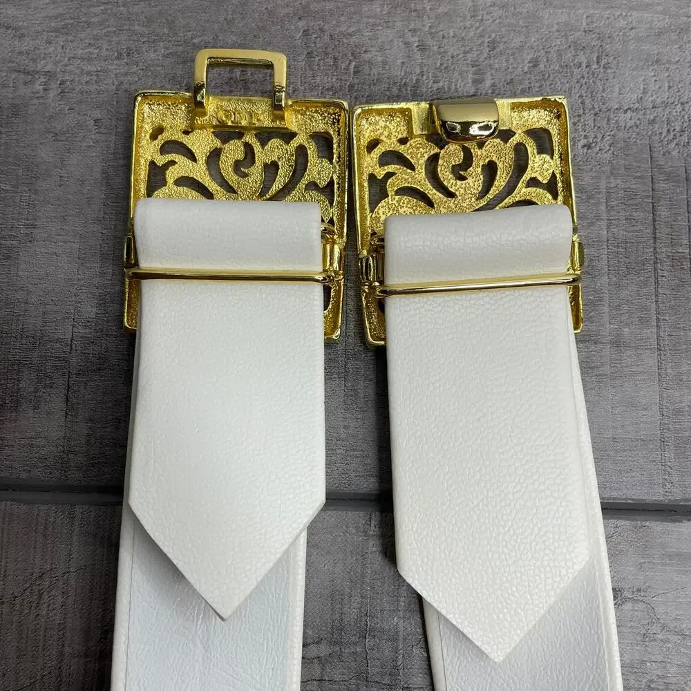 DOUGLAS PAQUETTE DP White 1.25 in Adjustable Belt Gold Scroll Buckle 35 in OSFM